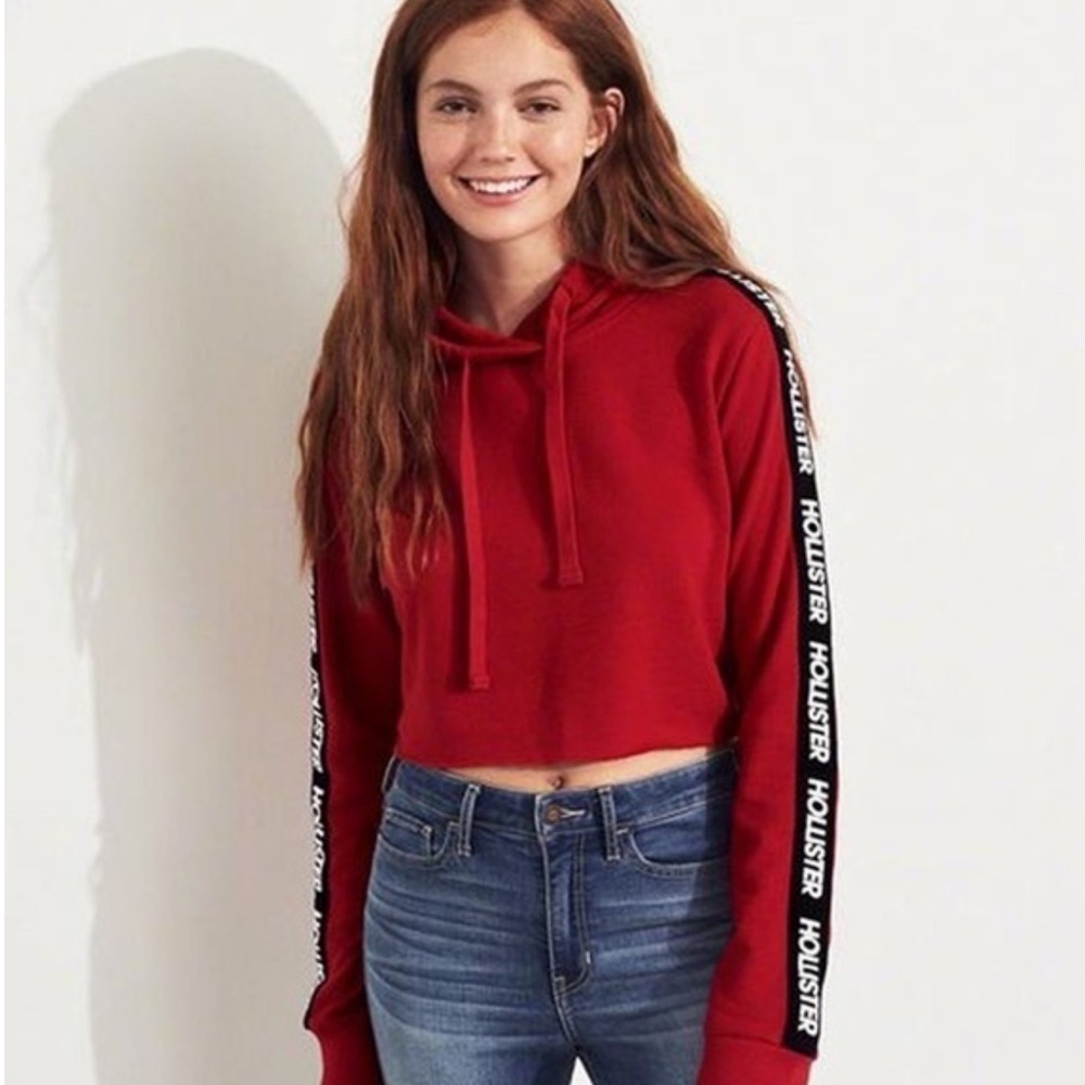 EU Hollister Cropped Red Logo Sleeve Hooded Sweatshirt